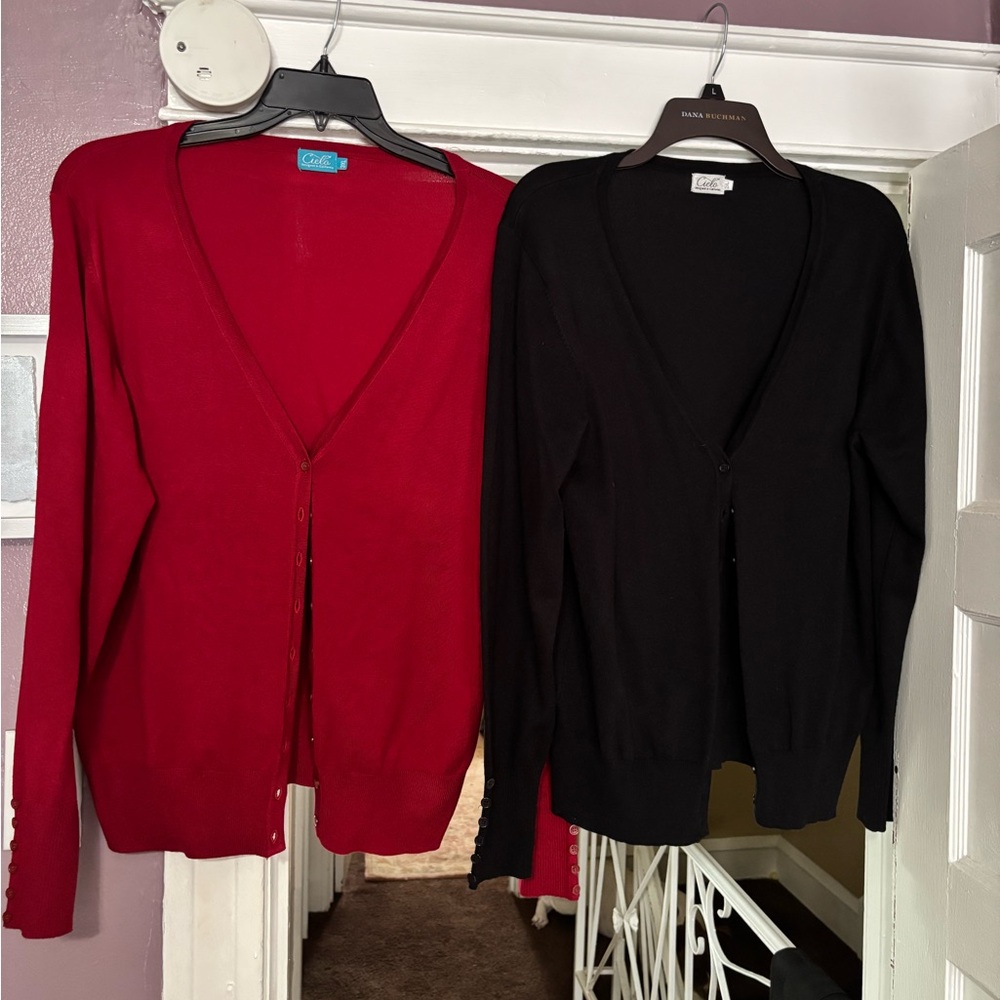 Cielo Red and Black Cardigan Sweaters V-Neck Knit